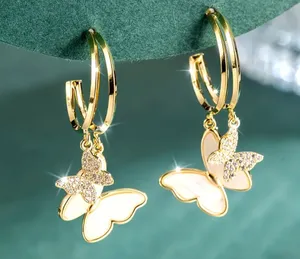 18K Gold Butterfly Pendant Hoop Earrings thumbnail 10