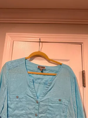 JM Collection Size 14 Aqua Blue Linen Button Down Collarless Beachy Tunic Top thumbnail 2