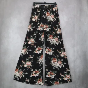 Copper Key Black Floral Wide Leg Pants Boho Palazzo High Waist Lounge VTG‎ Small thumbnail 3