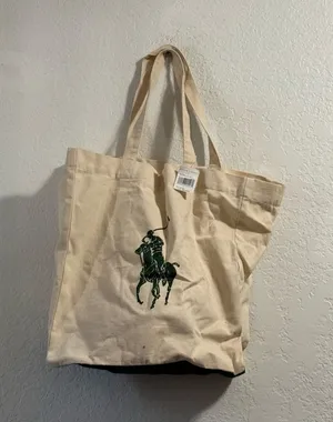 Polo Ralph Lauren Tote Bag 100% Cotton Canvas Green Logo Graphic Pony New thumbnail 1