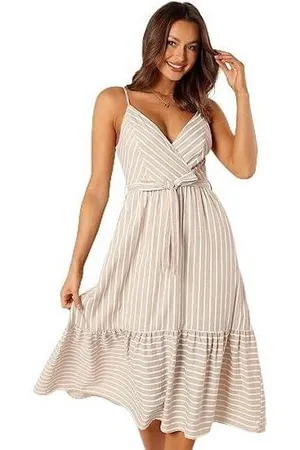 Petal + Pup Odette Midi Dress Womens 4 Tan White Striped Linen Blend V-Neck‎ thumbnail 1