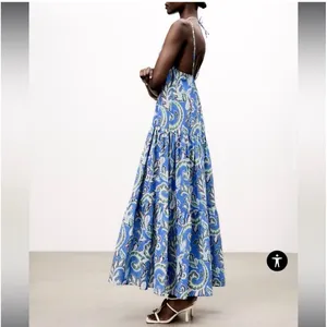 Zara Paisley Ikat Halter Midi Dress Womens XS Blue Boho Tiered‎ Cotton Summer thumbnail 3