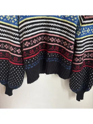 American Eagle Black Fair Isle Mock Neck Sweater Striped Bishop Sleeves Size M thumbnail 4