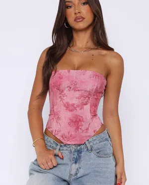 White Fox Boutique Pink Floral Strapless Blouse thumbnail 2