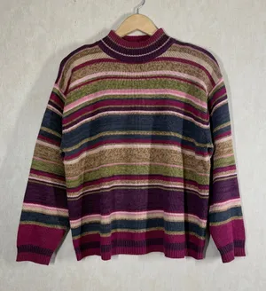 Tiara International Vintage Mock Neck Knit Sweater Grandma in Multi Stripe X thumbnail 1