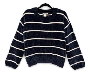 Luv Lane Striped Chenille Knit Sweater Dark Blue White Crewneck S thumbnail 1