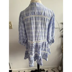 Free People Boho‎ Cottagecore Peasant Top Size Med V Neck Lace Ruffle Light Blue thumbnail 3