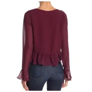 Line & Dot Revolve Burgundy‎ Violet Ruffled Long Bell Sleeve Blouse Size XS thumbnail 3