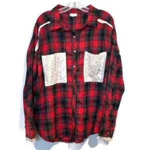 POL Button Front Lightweight Flannel Red and Black Plaid Shirt Size M thumbnail 6