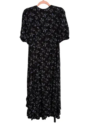 GAP Black Floral V-Neck Button-Front Midi Dress Size Petite Large thumbnail 3