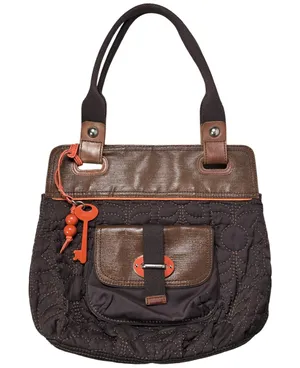 Fossil Key Per Quilted Brown‎ Leather Trim Tote Bag Key Charm thumbnail 1