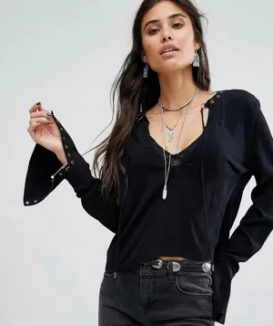Free People Jump to The Beat Sz M Black Blouse Bell Sleeve Boho Grunge Top Lace Up thumbnail 1