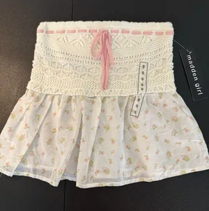 Madden Girl Juniors' Strapless Crochet Sweater Peplum Top in Floral Print thumbnail 1