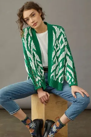 Anthropologie Maeve Green White Ikat Intarsia Knit Lattice Sleeve‎ Cardigan S thumbnail 1