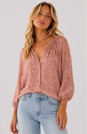 LOFT Pink Leopard Print Peasant Blouse Boho Romantic Cottagecore Quiet Luxury‎ S thumbnail 1