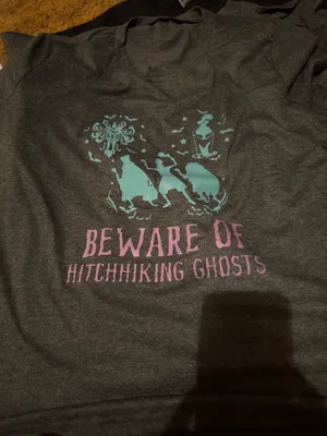 Gray t-shirt featuring a ghost print in teal and pink of the Hitchhiking Ghosts of the Haunted Mansion. Great for Disney parks and Halloween parties. thumbnail 4