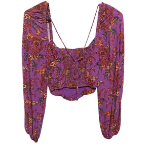 Urban Outfitters Purple Floral Ruched Long‎ Sleeve Crop Top Smocked Back XS thumbnail 5