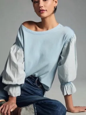 Pilcro Anthropologie Mixed Media Puff Sleeve Sweatshirt in Light Blue Sz Medium thumbnail 1