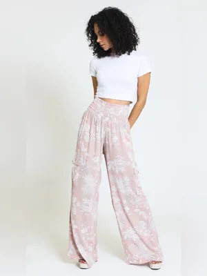 Rewash Mauve & Cream Floral Smocked Wide-Leg Pants - Size Medium (NWT) thumbnail 2