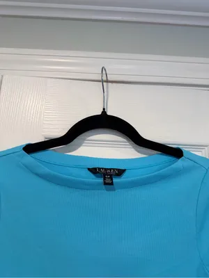 NWOT LRL Lauren Ralph Lauren Size S Blue Boat Neck Cuffed Sleeve Top Cotton thumbnail 2