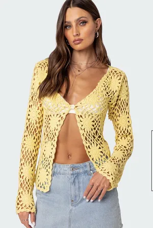 Edikted Yellow Crochet Cardigan thumbnail 1