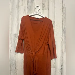 Zara Rust Orange Tie Front Maxi Dress Size M | V Neck 3/4 Sleeve Stretch thumbnail 4