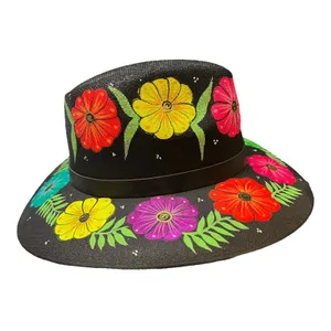 HAT MEXICAN Artisanal Hand Painted Fedora Floral Sombrero Panama Bohemian Black thumbnail 8