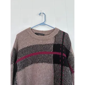360 Cashmere Merino Wool Plaid Sweater Taupe Black Magenta Large L26 P24 thumbnail 5