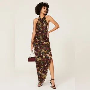 Amanda Uprichard Elektra Backless Gathered Side Slit Gown L Halter‎ Maxi Floral thumbnail 2