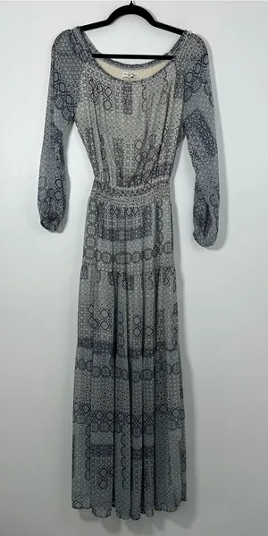 Abercrombie Women’s XS Blue Cream Boho Print Maxi Dress Long Sleeve Boho thumbnail 1
