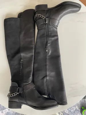 NWT Dolce Vita Black Real Leather Tall Riding Over Knee Boots Chain Zip US7.5 thumbnail 1