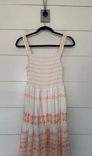 Goodnight Macaroon Women’s XS White Orange Tiered Ruffle Maxi Dress thumbnail 1