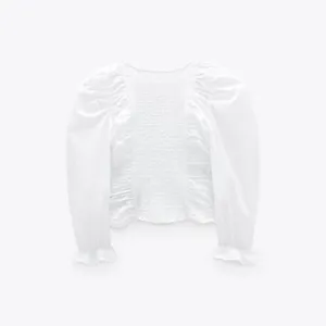 Zara White Poplin Ruched Smocked Balloon Sleeve Crop Top thumbnail 3