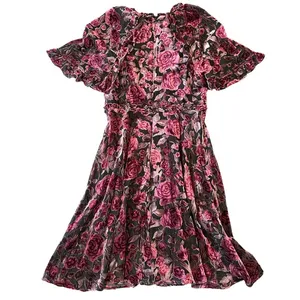 Salt Dark Rose Floral Burnout Velvet Midi‎ Dress Puff Sleeve Pink Purple Ruffle thumbnail 9