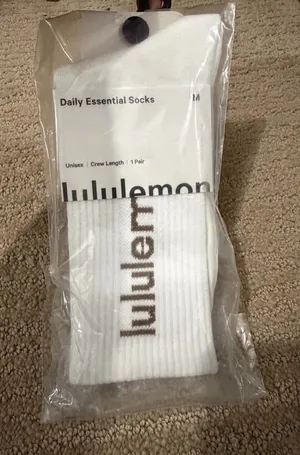Lululemon Daily Essential Crew Socks Unisex White/Brown Wordmark Size M thumbnail 1