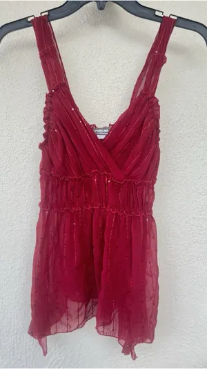 VTG Y2K Rave Sheer Sequin Embellished Handkerchief Babydoll Top 2XS Red USA Club thumbnail 1