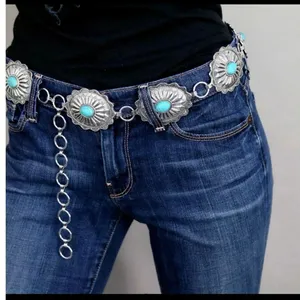 Western Concho Silver Color Turquoise Color Western Wear Belt Small/Medium thumbnail 1
