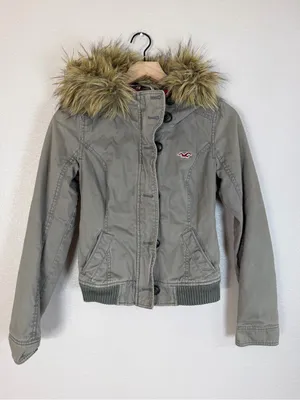 Y2K Hollister Bella Swan Olive Green Fur Trim Hooded Jacket Grail size Small thumbnail 1