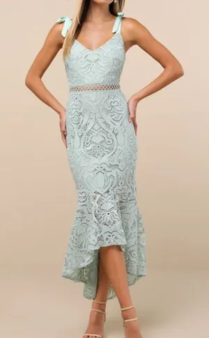 NEW Lulus Won Your Heart Sage Green Lace Tie-Strap High-Low Midi Dress Small thumbnail 1