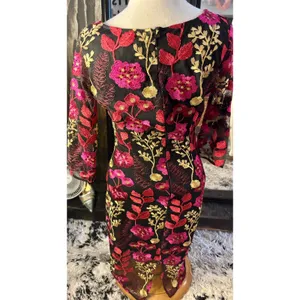 Floral Embroidered Mesh Sheath Dress Black‎ Pink Gold 3/4 Sleeve Cocktail Midi thumbnail 2