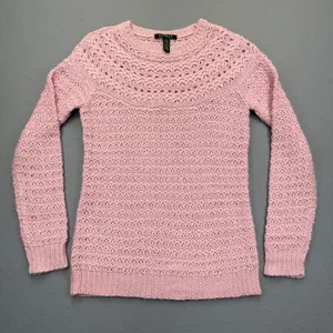 Lauren Ralph Lauren Pink Alpaca Blend Open Knit Crewneck Sweater Womens Medium thumbnail 1