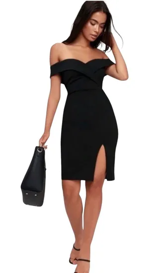 Lulus Black Off The‎ Shoulder Bodycon Dress Front Slit XS NEW thumbnail 1
