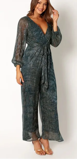 Petal‎ & Pup Shimmery Teal Wrap Jumpsuit with Tie Waist small thumbnail 1