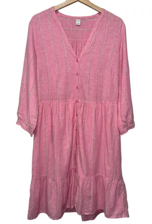 Old Navy Peasant Midi Dress Sz L Pink Linen Blend 3/4‎ Sleeve Tiered Cottagecore thumbnail 1