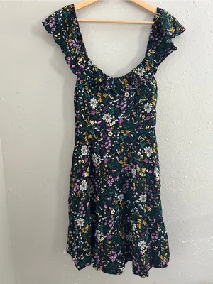Old Navy Dark Green Floral Ruffle-Neck Fit N Flare Mini Dress Casual Summer Med thumbnail 2