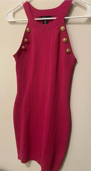 Sincerely Jules Hot Pink Ribbed Sweater Dress with Gold Buttons Size S thumbnail 1