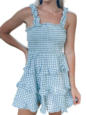 Mable Women’s Size M Blue White Gingham Smocked Tie Back Ruffle Mini Dress thumbnail 1
