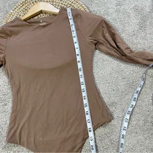 Pumiey Brown Crew Neck Long Sleeve Bodysuit Second-skin Feel Tops in Latte S thumbnail 13