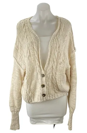 Free People Sandstorm Women's Beige Cable Knit Button Up Cardigan Sweater Top M thumbnail 1