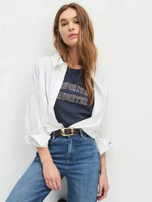 FAVORITE DAUGHTER (NWT) Cropped Collegiate Graphic Tee, Navy Burgundy, Size S thumbnail 3